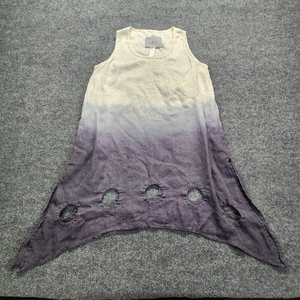 Cheyenne Ombre Linen Cut Out Artsy Lagenlook Sharkbite Hem Dress‎ Gray White S/M
